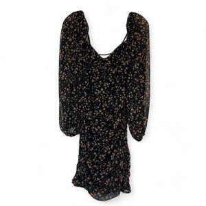 Black Brown Ruched Mini Dress Balloon Sleeves Criss Cross Back Small